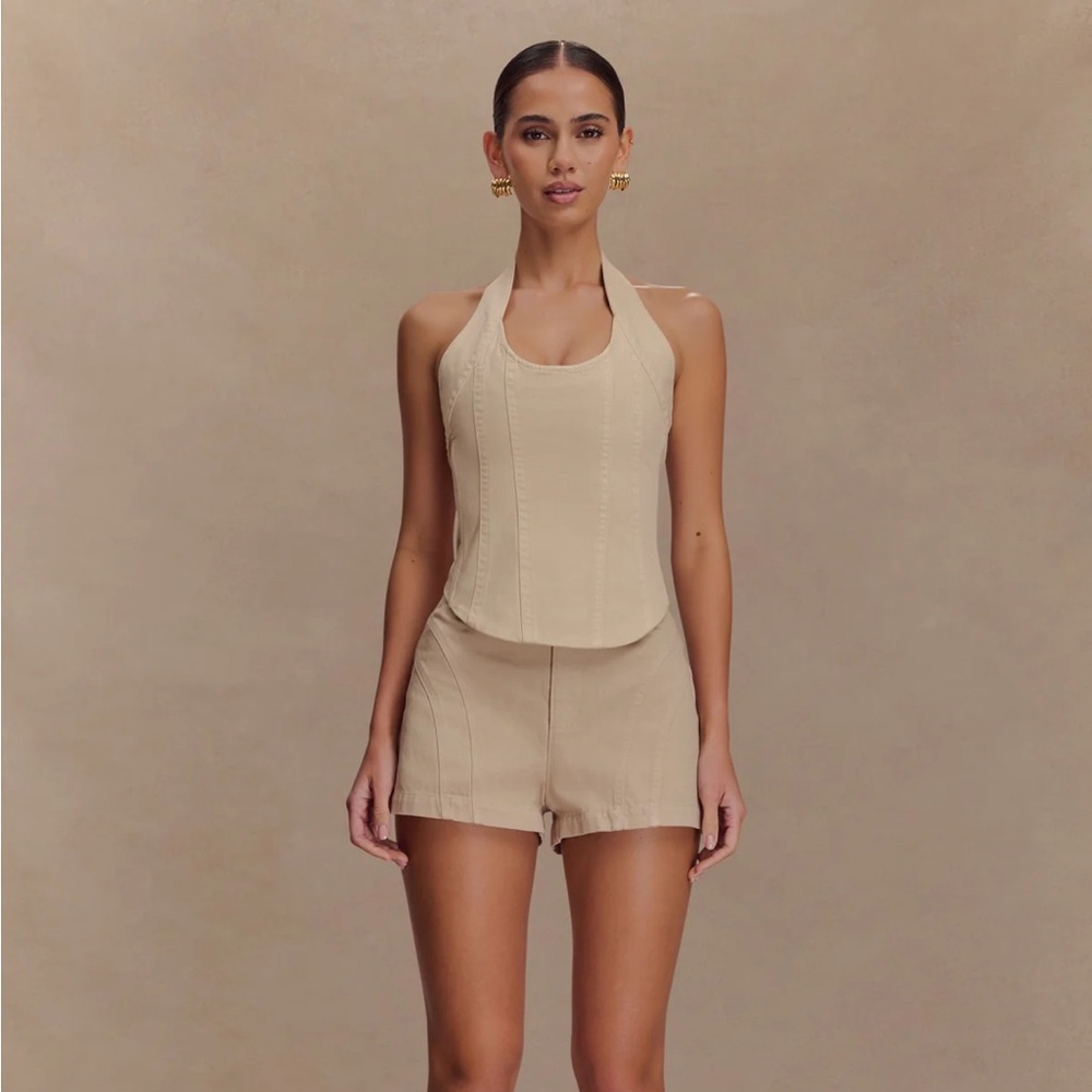 Meshki meadow denim corset halter top & shorts stone wash